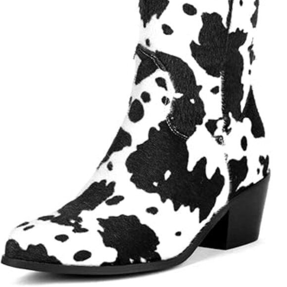 NEW! Women Mid Calf Cowboy Boots Chunky Heel Half Boot Cow Print Western Boots - Picture 7 of 7